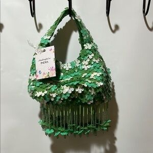 NEW TJMaxx Marshalls Made In India Viral TikTok Beaded Fringe green & white  Bag